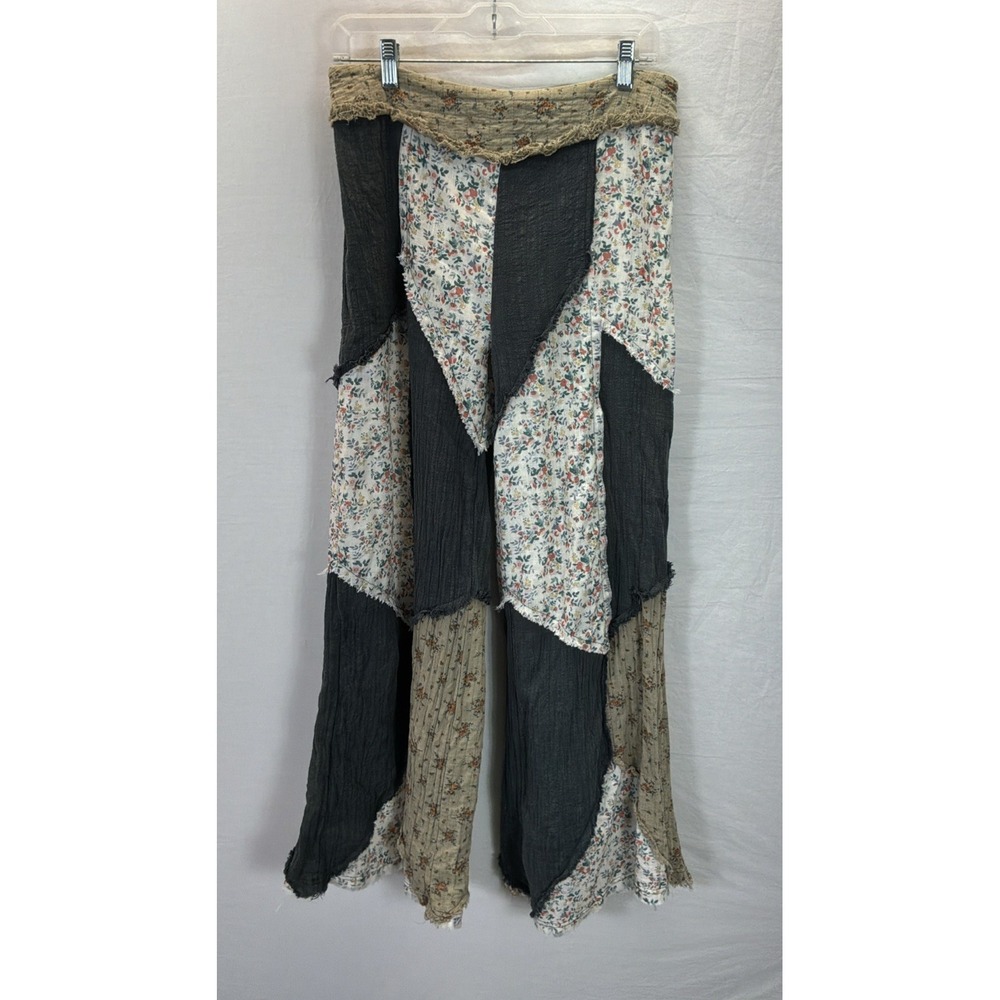 New POL Blue Patchwork Floral Frayed Boho Baggy M Casual Lounge Fest Wide Lg